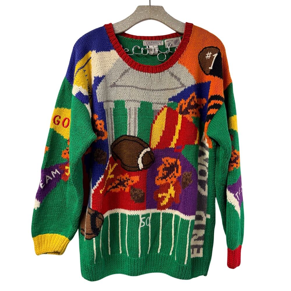 Raphels Hand Knit Football Sweater Vintage Leaves ENDZONE Pullover Intarsia